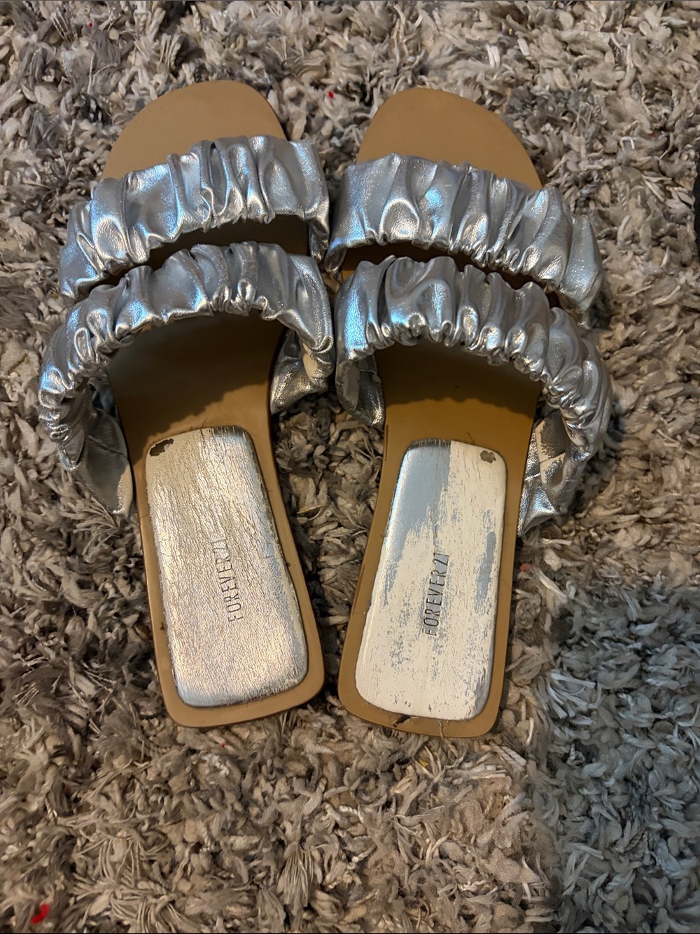 Forever 21 Metallic Silver Ruched Double-Strap Slides